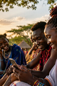 East African youth embracing connectivity while rooted in ancestral landscapes, representing a generation balancing heritage with global influence