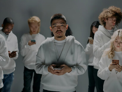 A gathering clad in white attire, collectively absorbed in their phones, exemplifies the contemporary dynamics of social media and smartphone dependency