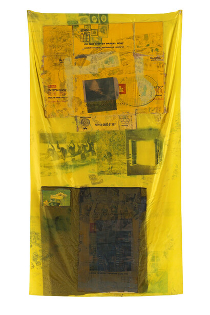 Robert Rauschenberg, Sulphur Bank (Hoarfrost), 1975, Solvent transfer on fabric with cardboard and paper bag, 65 x 35 inches  Art © Robert Rauschenberg Foundation/Licensed by VAGA, New York, NY