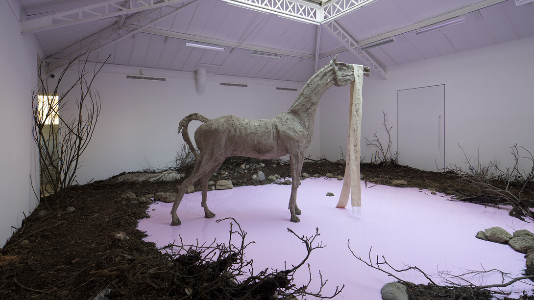 Petrit Halilaj, Yes but the sea is attached to the earth and it never floats around in space. The stars would turn off and what about my planet?, 2014, Installation. Techniques mixtes (terre, branches, feuilles mortes, pierres, savon), Dimensions variables, Vue de l'exposition « Yes but the sea is attached to the earth and it never floats around in space. The stars would turn off and what about my planet? », Kamel Mennour, Paris, 2014, © Petrit Halilaj, Photo: Fabrice Seixas, Courtesy the artist and Kamel Mennour, Paris