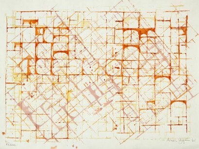Brion Gysin, Plan N° 55, 1961, ink & gouache on paper, 13 5/8 x 18 7/8 inches (34.6 x 47.9 cm), signed, titled & dated on recto
