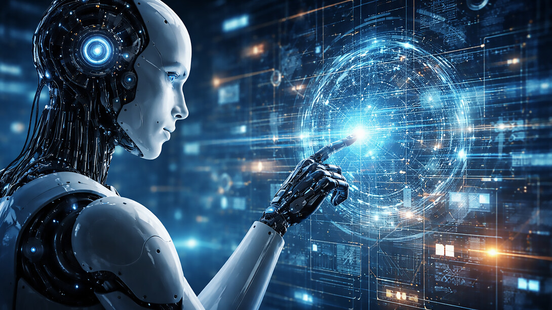 Futuristic humanoid AI analyzing complex data patterns, symbolizing the performative nature of machine intelligence