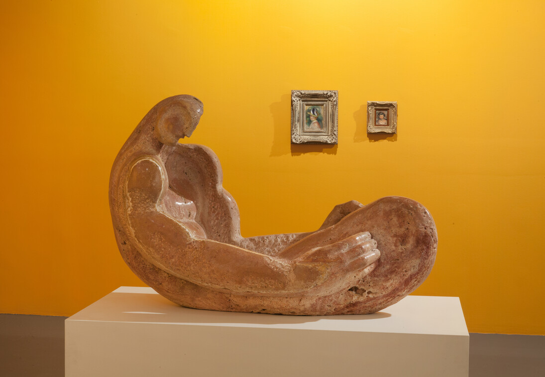 Installation view: “The T'ang Horse: Anthony Quinn”, at Mana Contemporary, 2016.
[Featured artwork, L-R: Anthony Quinn, Destroyed But Not Defeated, 1986. Pierre
Auguste Renoir, Femme au Chapeau, 1890. Pierre Auguste Renoir, Tête d'enfant,
1890.] Photo by John Berens.