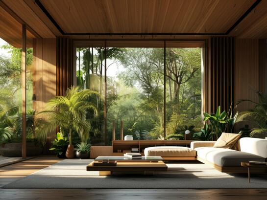 A living room combining wood, organic textures, soft furnishings and expansive glazing, showing the human-centred character of warm modern architecture