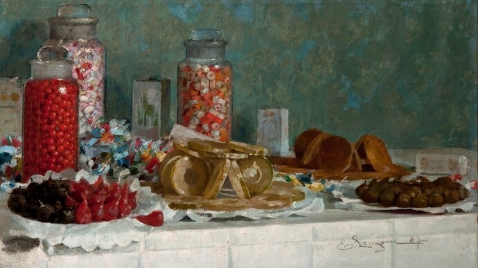 Emilio Longoni, natura morta con dolciumi e frutta candita (1887)