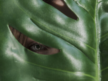A woman's eye peering through a a large leaf