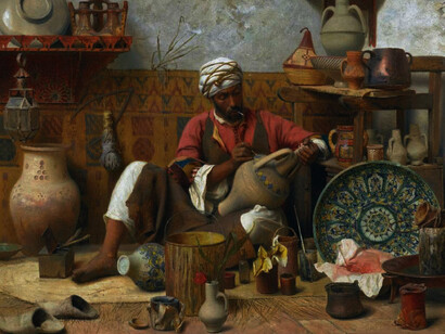 Jean Discart's The Pottery Workshop, Tangiers (L'Atelier de Poterie, Tanger) is an oil on panel painting that vividly depicts the artistry and skill involved in Moroccan pottery-making, capturing the intricate details of the workshop in Tangiers