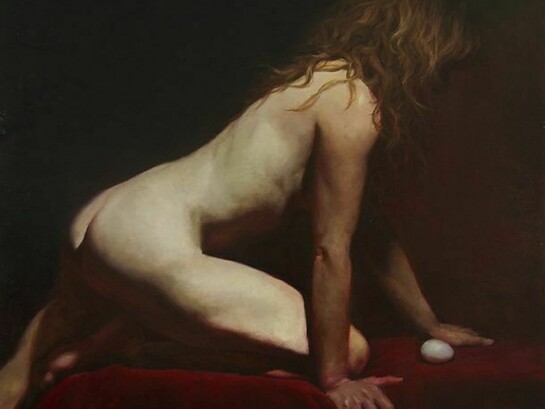 Zack Zdrale, Woman With Egg", oil on panel, 24 x 24 inches, 2013