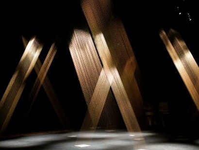 Lygia Pape (Brazilian, 1927–2004), Ttéia 1, C 1976-2004, Dimensions variable, Installation View, Serpentine Gallery, London, 2011, Golden thread, nails, wood, light. Photo: Paula Pape © Projeto Lygia Pape