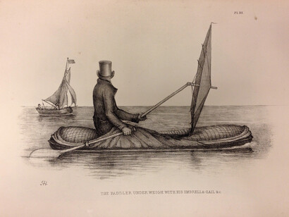 Boat-Cloak or Cloak-Boat, Peter Halkett (1848) on display in Lines in the Ice - this boat, developed in London and tested on the River Thames, was an early inflatable dinghy that doubled as a cloak (with a sail that doubled as an umbrella). Photography courtesy of the British Library