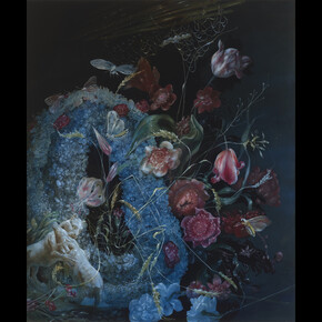 Nicole Duennebier, Wreath with Figurine of Cougar, 2023. Acrylic on panel, 60.96h x 50.80w cm, 24h x 20w in. Courtesy of Nicodim Gallery
