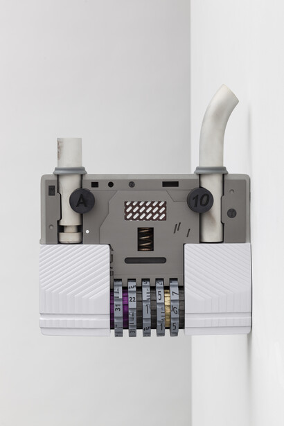 Magali Reus, Leaves (Shale, August), 2015, Milled and spray painted model board, aluminium tube, polyurethane rubber, powder coated, zinc plated, anodised, phosphated and blackened aluminium
and steel, polyester resin, 15 3/4 x 15 x 4 3/4 inches