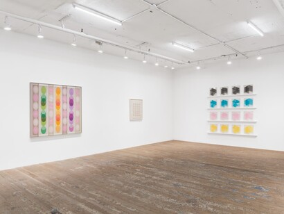 Elaine Reichek, Back stitch, exhibition view. Courtesy of Hoffman Donahue Gallery
