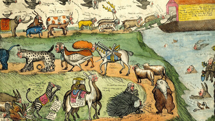 El regreso al Arca política, 1790.  Miembros del Parlamento inglés, disfrazados de animales con cabezas humanas, caminan en procesión hacia el arca, que lleva la inscripción «San Esteban». Los primeros animales cruzan una tabla hacia el arca, ubicada en la esquina superior derecha del diseño. La procesión sigue un recorrido sinuoso en tres líneas aproximadamente paralelas: en la inferior, los animales avanzan de izquierda a derecha; luego, el recorrido gira de nuevo a la izquierda y regresa de nuevo de derecha a izquierda, quedando la curva de la izquierda interrumpida por el margen izquierdo. En la esquina inferior izquierda, Pitt aparece como una cebra (el Asno de la Reina) sobre sus patas traseras; sostiene un racimo de uvas en la boca; en la otra pata delantera lleva un papel con la inscripción «Pague a mi Orden, si se le solicita, cinco millones por rebote. P. A John Bull»; junto a él, un papel con la inscripción «Abierto a futuros insultos»