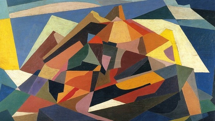 Enrico Prampolini, Simultaneità architettonica, c. 1921,Olio su tavola, 50.8 x 82.4 cm, Collezione M. Carpi, Roma
