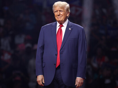 Former President of the United States Donald Trump speaking with attendees at an Arizona for Trump rally at Desert Diamond Arena in Glendale, Arizona, USA