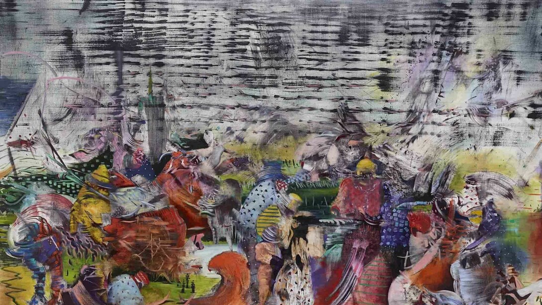 Ali Banisadr, Civilization 2014 Oil on linen 167.6 x 223.5 cm / (66 x 88 in) Photo: Todd White, 2014, Image courtesy of the artist and Blain|Southern © the artist, Photo: Jeffrey Sturges, 2014