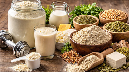 Whey and plant-based protein sources displayed together, highlighting differences in composition, texture, and nutritional origin in a natural, realistic setting