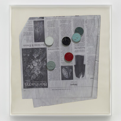 Paul Sietsema, Painted coins, 2014, Ink and enamel on paper in artist's frame, 32 x 34 1/2 inches. ©Paul Sietsema, Courtesy Matthew Marks Gallery