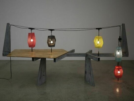 Martin Boyce, Against the Night 2013, Perforated steel, steel chain, plywood, wood stain, wood oil, galvanized steel, wired electrical lights, installation dimensions variable, Courtesy the artist and Tanya Bonakdar Gallery, New York.