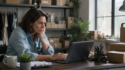 A small business owner works at her desk, focused on decisions that balance technology, cost, and long-term sustainability