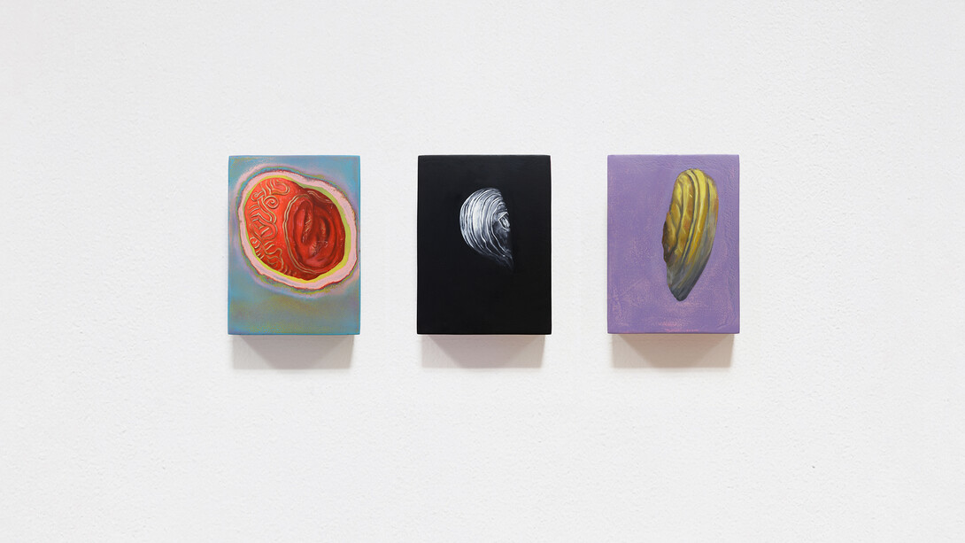 bn+BRINANOVARA, Unpredictable Ecosystem 21 - 24 - 27, 2020, oil paint, sanded enamels, mdf board, wood, transparent varnish,18x13,5x4 cm each,courtesy the artists
