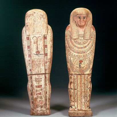 Anonymous (Egyptian), Sarcophagus of Hathor-Mut-Netcher, 664–343 B.C.E., Late period, 26th to 30th Dynasty, Painted gesso on wood, 70 3/4 x 21 1/2 x 17 1/2 inches. Collection of Middlebury College Museum of Art. Purchase with funds provided by the Christian A. Johnson Memorial Art Acquisition Fund, 2000.014