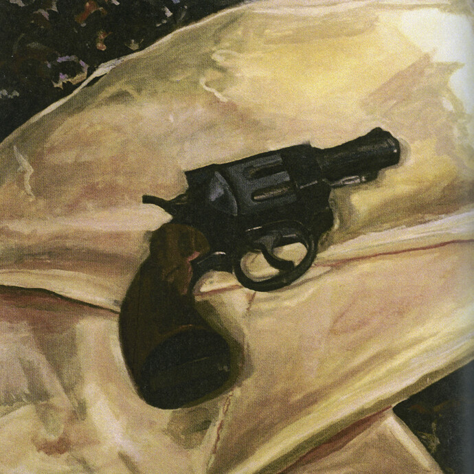 Margaret Harrison, Beautiful Ugly Violence (Gun), 2003, oil on canvas, 26 x 26 inches. Courtesy of Ronald Feldman Fine Arts, New York