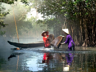 Two Vietnamese women fishing with woven baskets beneath the mangroves, representing the traditional livelihoods shaped by the river