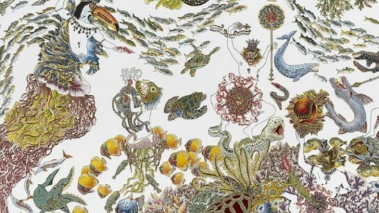 Raqib Shaw, Detail of Garden of Earthly Delights Synopsis, 2010-2012, acrylic, enamel, glitter and rhinestones on paper, 19-11/16" x 94-1/2" (50 cm x 240 cm) © Raqib Shaw, courtesy Pace Gallery. Photography courtesy Pace Gallery