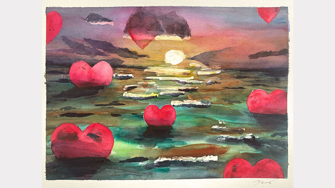 Tzu Moy,
Surrounded by Love,
2024. Watercolor on paper, 22 × 30 in | 55.9 × 76.2 cm. Courtesy of the artist and Fountain House Gallery