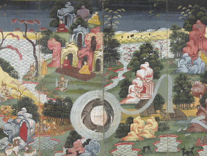 Detail from: A cosmology manuscript, Late 1800s, Burma/Myanmar, Pigment on mulberry paper,  Funded by the Brooke Sewell Permanent Fund © The Trustees of the British Museum.