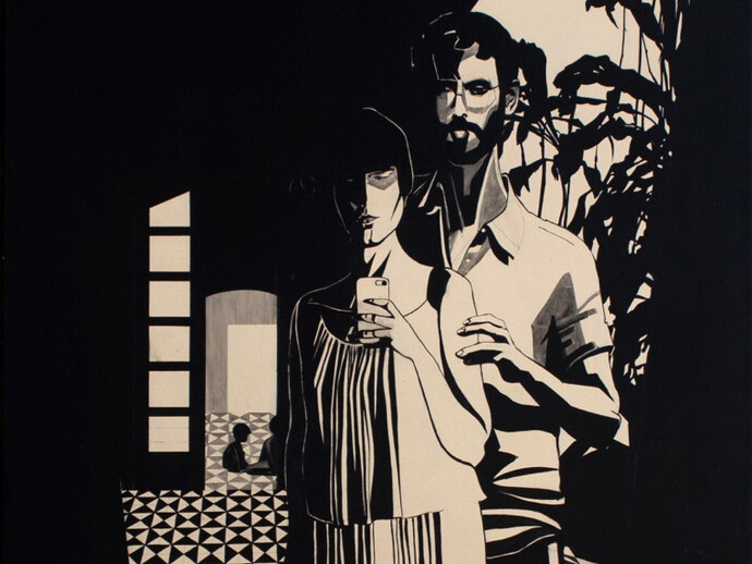 Hulda Guzmán, "- How high are you? - Yes" (detail), 60" x 60", 2014, acrylic on canvas