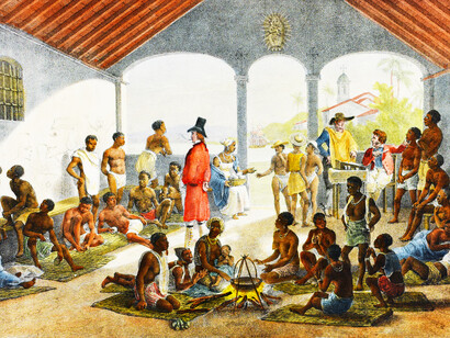 Mercado de negros, de Jean-Baptiste Debret, cerca de 1835. Desde a Grécia antiga quer nos tempos imemoriais encontrávamo-nos perante formações sociopolíticas que admitiam a subordinação fundada nos acasos do nascimento e na sub-hominização, sendo a escravatura a sua expressão mais abominável