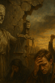 A symbolic depiction of democratic fragility, where Lady Justice cracks under rising fear, cruelty, and public despair