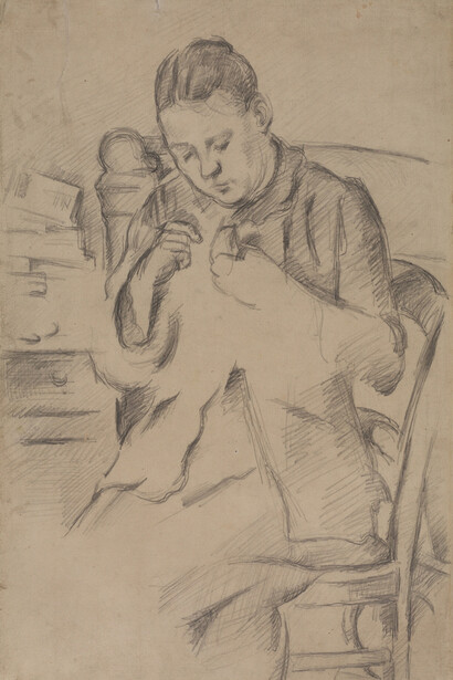 Paul Cézanne (French, Aix-en-Provence 1839–1906 Aix-en-Provence),Madame Cézanne Sewing, Ca.1880, Graphite on laid paper, 18 5/8 x 12 1/8 in. Courtauld Institute of Art, London, Bequest of Count Antoine Seilern, 1978