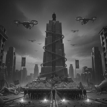 Towering structures of control, bound by chains, oversee a meticulously aligned society. Drones patrol a desolate landscape, symbolizing the omnipresent surveillance inherent in rising authoritarian regimes