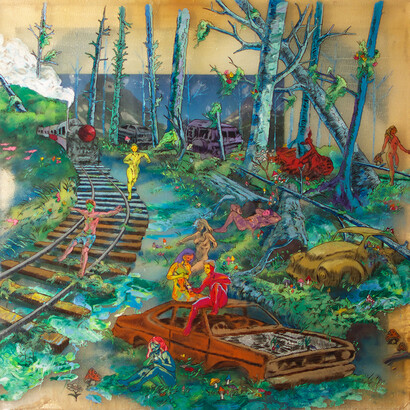 Andrew LeMay Cox. Junkyard Romance, Ink on Cheesecloth with Photograph, 30x31 cm, 2015