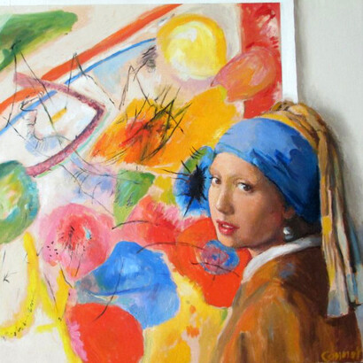Russell Connor, The Docent at the Guggenheim, after Vermeer & Kandinsky, 2013, 24" x 24"