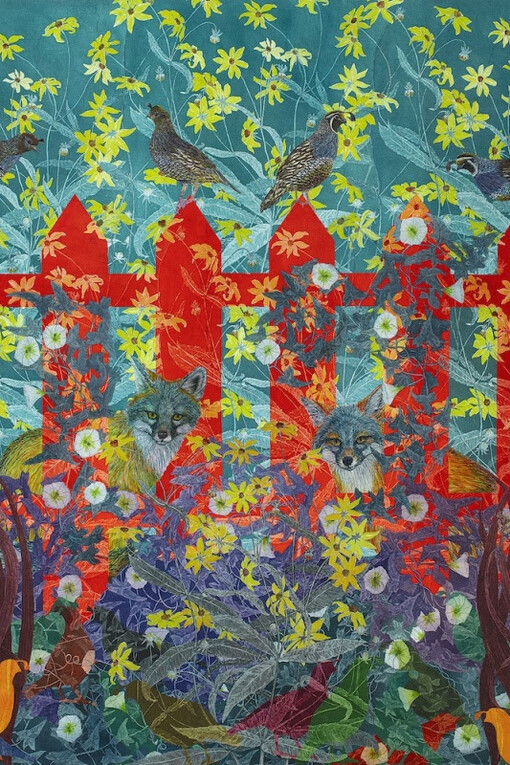 Julia Lucey, California quails and grey foxes (detail), 2025. Courtesy of Wally Workman Gallery