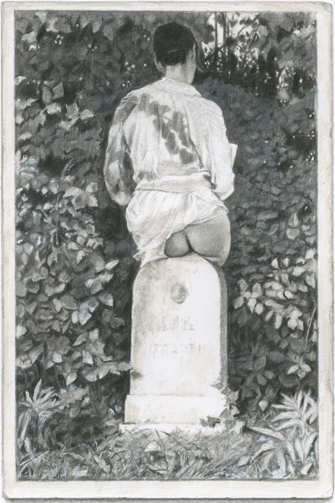 João Vilhena, Foi dans la messe, 2015, pierre noire on grey cardboard, 140,5 x 101 cm, Courtesy Galerie Alberta Pane