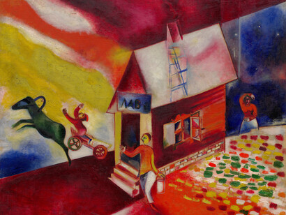 La calèche volante, 1913, Huile sur toile
106,7 x 120,1 cm, Solomon R. Guggenheim Museum, New York, Solomon R. Guggenheim Collection Fondatrice, 49.1212 © Marc Chagall, Vegap, Bilbao 2018