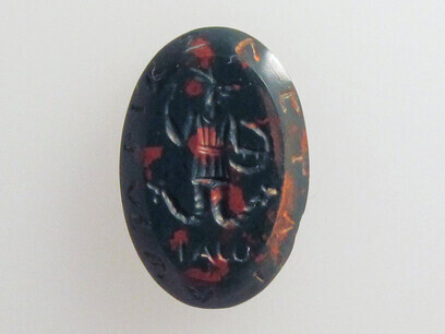 Grabado de heliotropo: anguipes con cabeza de gallo, Romano; piedra preciosa grabada en hueco Siglo III d.Cristo