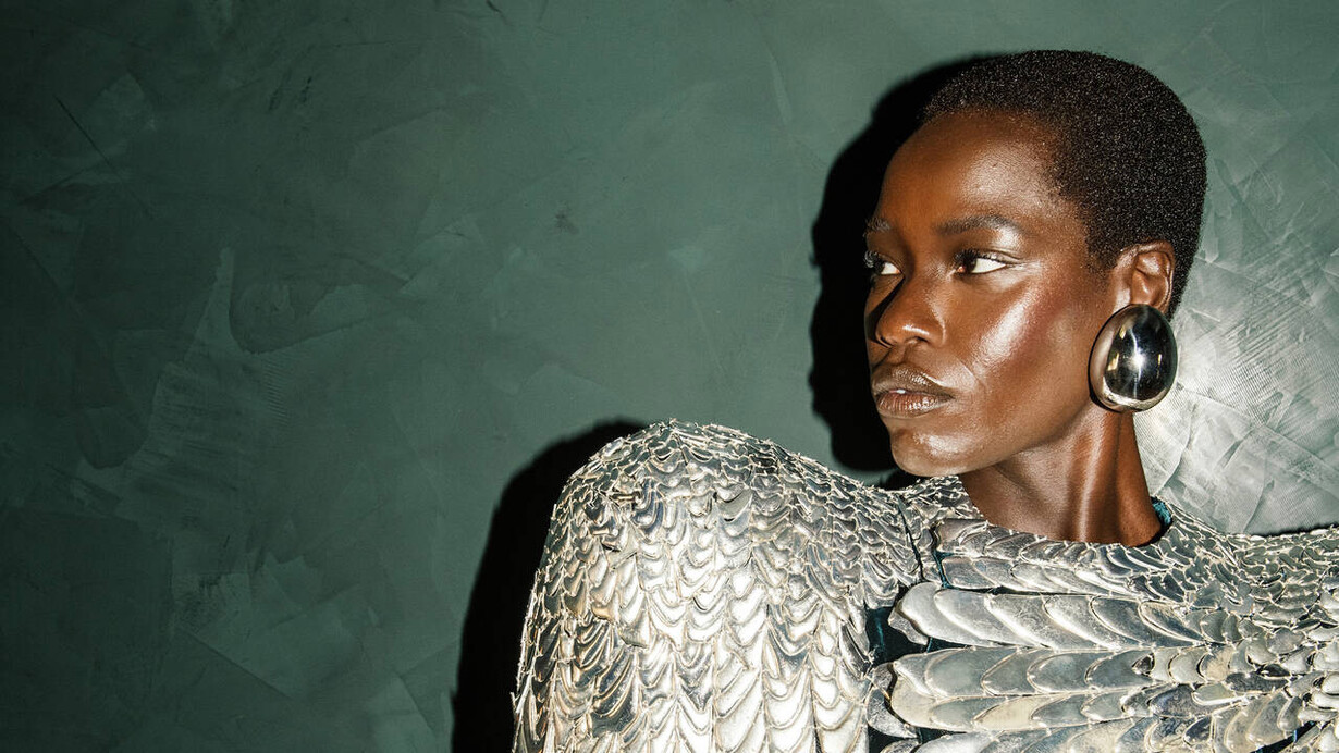 Model Awar Odhiang in Schiaparelli haute couture autumn/winter (detail), 2024. Courtesy of V&A Museum of Childhood