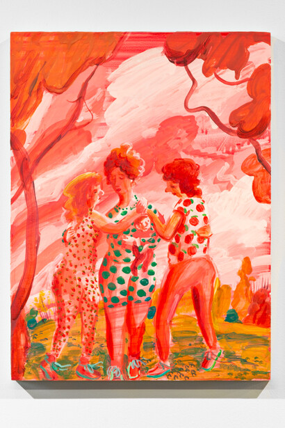 Hilary Doyle, Three Graces, 2023, acrylic on wood panel, 9x12 inches. Courtesy of the artist and Dinner Gallery, NYC