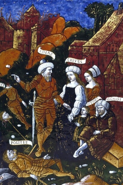 Enea cerca suo padre Anchise per fuggire da Troia, 1530-35, Maestro dell'Eneide, Francia, Limoges; Metropolitan Museum of Art, New York, USA