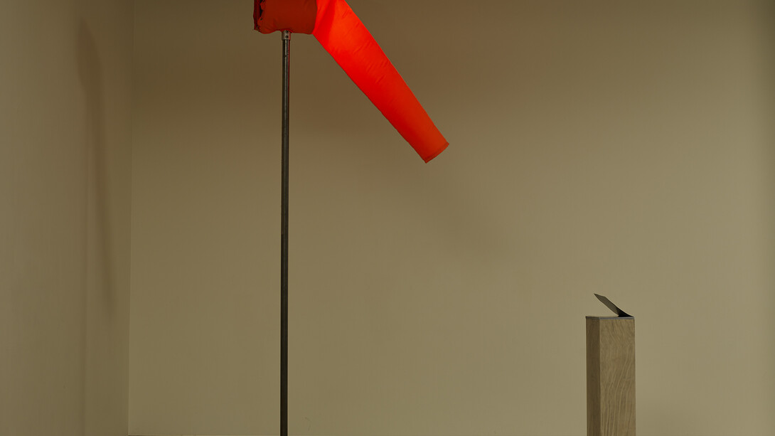 Fiona Banner, Agent Provocateur 2015, Heart of Darkness magazine, plinth with graphite, fabric windsock, electrically powered fan, LED light, mixer and stand, Dimensions variable, Courtesy the artist and Frith Street Gallery, London 