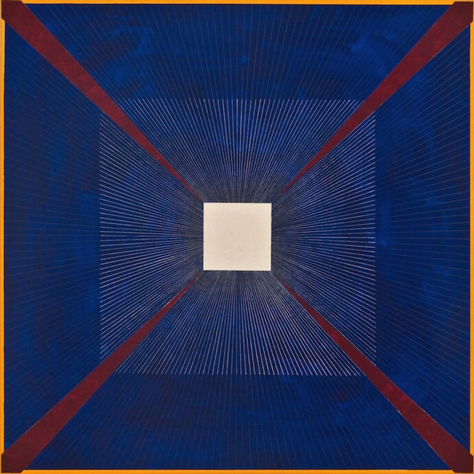 Mary Judge, Agro Blue, 2014, flashe, graphite, white charcoal pencil on linen mounted on board, 30 x 30 inches
