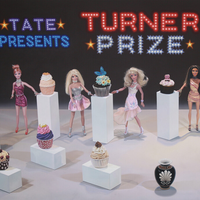 Peter Goodfellow, Turner Prize Greatest Hits, oil on linen, 47.25 x 94.5 in (120 x 240 cm)  