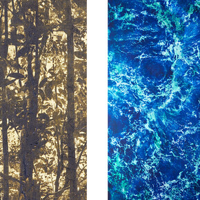 Ulf Saupe, Neo botanica #1 V2, 2021, Golden forest #8 V2, 2020 and Waterscape #67 V1 (detail), 2023. Courtesy of Space Gallery